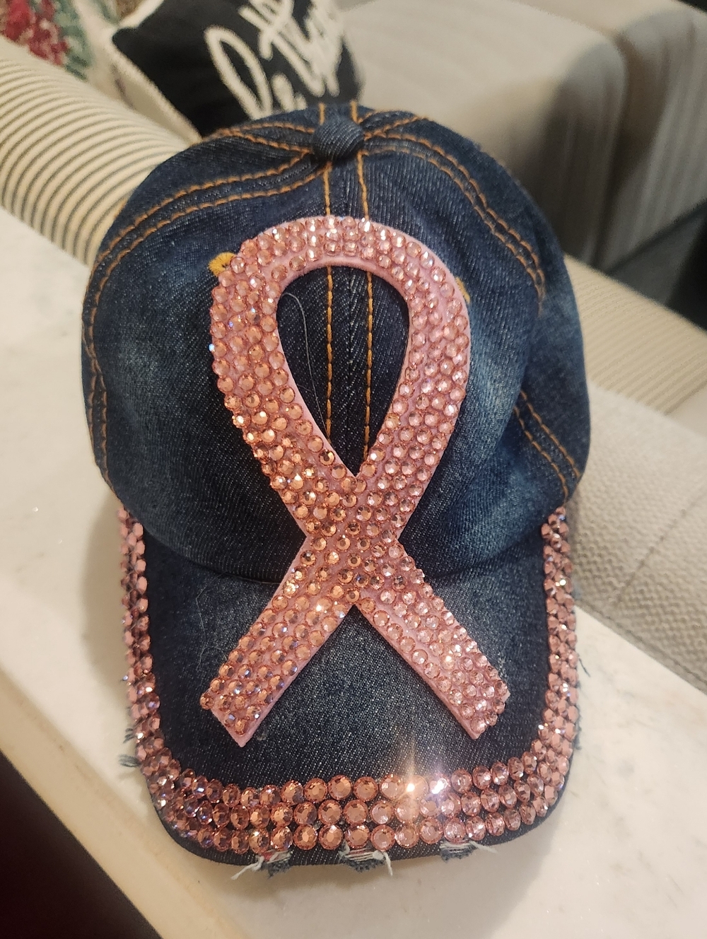 Denim Baseball Cap with Pink Crystal Ribbon